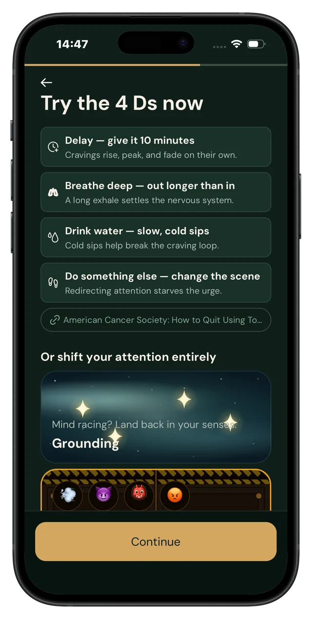 Quit It iPhone craving support showing the 4 Ds, grounding and a craving game