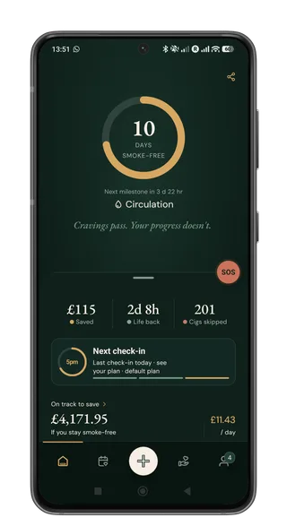 Quit It home screen showing smoke-free progress, savings, and daily quit stats