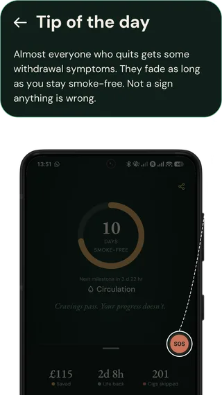 Quit It home screen with SOS highlighted, pointing to a tip of the day card