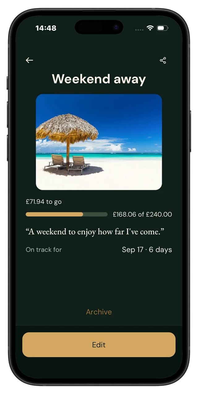 Quit It iPhone reward screen showing money saved towards a weekend away